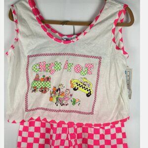 NWT Vtg 80s Novelty Neon Checkered 2 Pc Pajamas PJs Set Sz L Animals Cats Mice